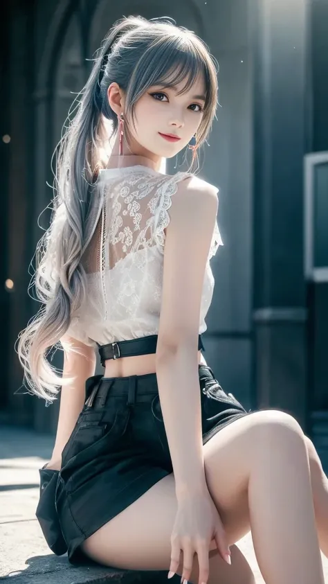 street, Single ponytail,  High Ponytail,  (Sleeveless lace shirt), ( shorts), Sitting， long, straight legs ， Elegant, dignified, Feminization, Curvy Beauty, Sweet smile,  Strong sense of detail and hierarchy , color绚丽丰富, Has a unique texture, 丰富的color, col...