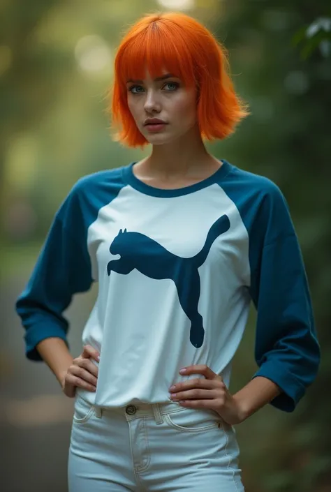 "A realistic image of a 25-year-old with vibrant orange hair, cut in a short, modern style ,  and bright green eyes that convey determination and confidence .  She is wearing a blue and white long-sleeved t-shirt with a stylized cat logo on her chest,  com...