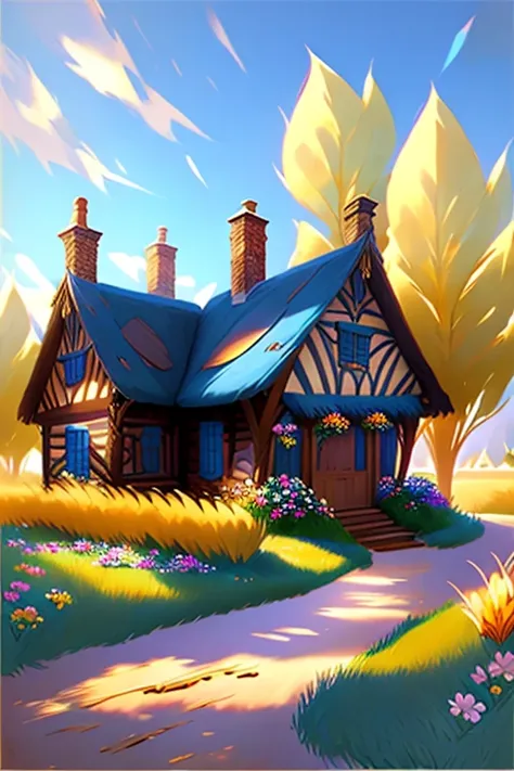  traditional cottage landscape painting from medieval England、 fairy tale、Vivid picture、  beautiful brown wooden frame on a bright white wall 。 an ocher-colored thatched cottage  、Flowers around the house 々 々、 The background is a rolling hill  、 Bright blu...