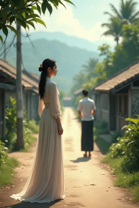 The girl in the long dress of Vietnamese tradition stands looking at the man from a distance on the village road 
