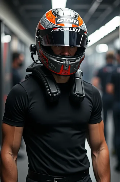 Create a Formula 1 pilot wearing a helmet and basic black t-shirt