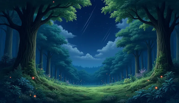 Forest landscape in a night with shooting stars,  anime style