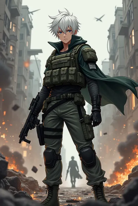 A male anime character, with white hair and eyes ,  wearing military clothing in the middle of the war