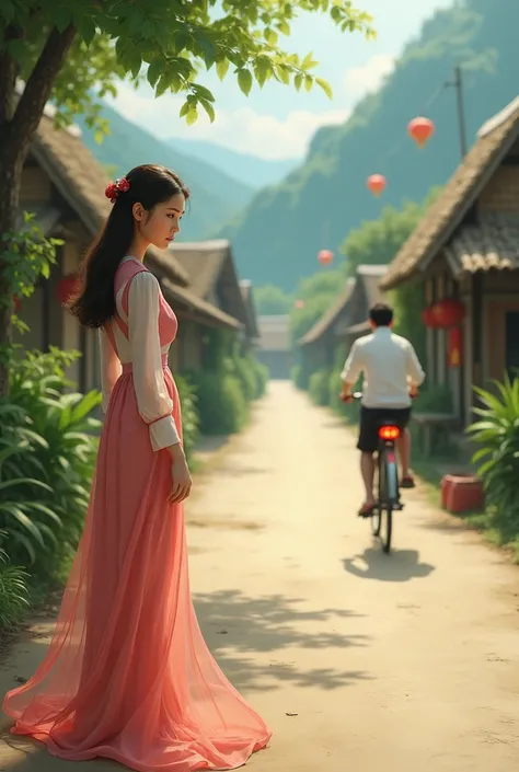 The girl in the long dress of Vietnamese tradition stands watching the man from a distance on a bicycle running along the village road 
