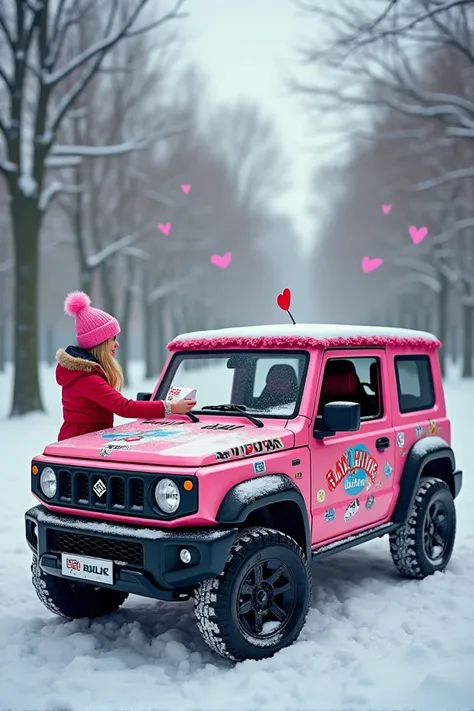 Suzuki Jimny,JB64,Pink car body 、The background is a park、ステッカーが貼ってある,There is a 　 a blond woman in winter attire with a sticker on it handing Valentines Day chocolate to a blonde man、 its snowing、16k、 super resolution、Super detailed、 super high image qual...