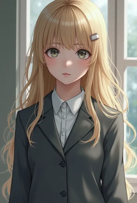 Blonde girl, long hair with gray eyes with gray schoolgirl uniform and shirt with neckline