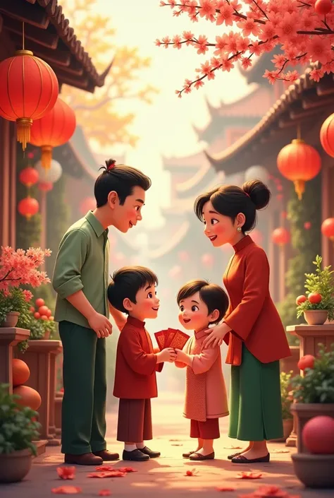 Tet holiday, Vietnam Family in Tet holiday, Vietnamese money lucky, ren get lucky money from Grandparent, Vietnam traditional clothes in Tet holiday