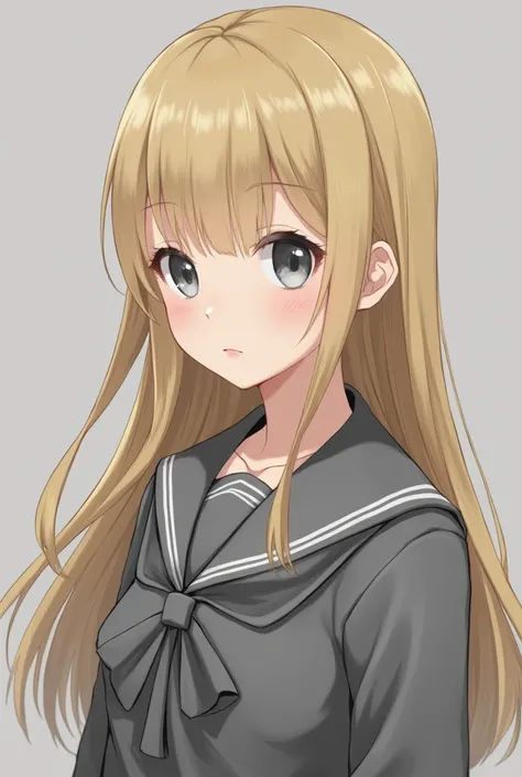 realistic. Blonde girl, long hair with gray eyes in gray schoolgirl uniform with neckline