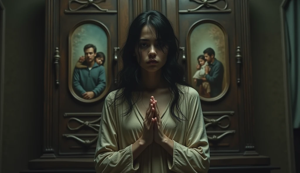 Photo of the woman with a whore erases open clothes and the wardrobe has a picture of the family praying she is standing with her hands praying