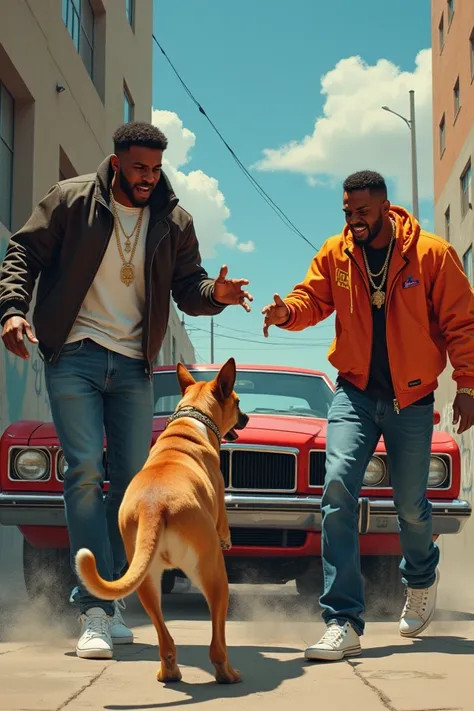 two brown rappers , with a dog and a car pouncing at the dog, rappers singing surprised  