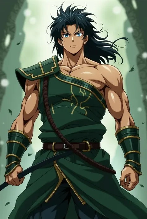  A cover for my new anime ,  In which a warrior from the year 1290 D .C., a 29-year-old man ,  with abundant black hair and blue eyes , strong build, muscular sleeveless , green armor showing part of his chest and clamps on his arms,  tanned skin.  appears...