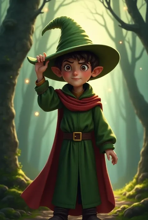 Um retrato altamente realista by Presto , The Young Wizard of the Dragon Cave,  in a magical medieval forest setting .  Presto wears his distinctive tall wizard hat ,  green and slightly slanted ,  and wears a long green robe with a flowing red cape .  His...