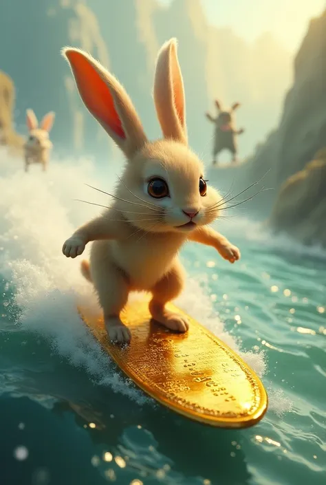 Un lapin crétin surf sur une planche de Blockchain dorée poursuivi par les songe zombies 