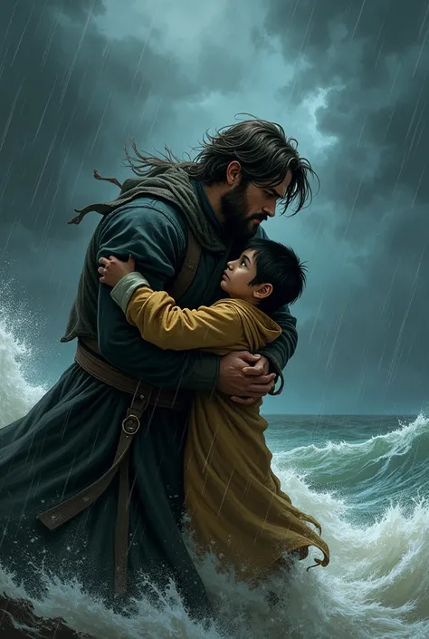 *Scene 6: Stormy Weather*

- Image prompt: "Benny holding Ping tight, shielding him from the storm, with dark clouds and strong winds in the background, as Ping clings to Bennys shirt."
- Style: Moody, dramatic illustration with bold brushstrokes.