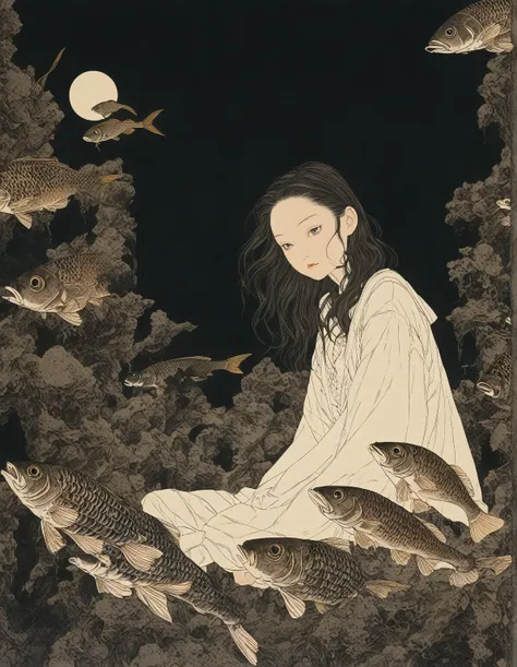 Takato Yamamoto style、Please generate an illustration of a beautiful girl observing an exhibition room in a museum filled with fish bone specimens. The main thing is fish specimens. The exhibition room is dark and only the fish bone specimens are lit up. I...