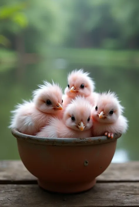 A close up of 4 cute small lilac roosters inside a pot. He is very small, e fofo. The background is blurred with a forest and a pond behind it.