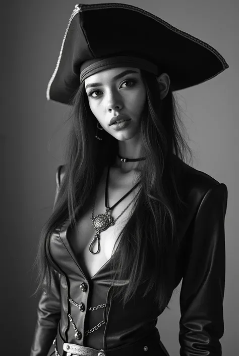 Make an image as if it were an old black and white photo of Lalisa Manoban from Black Pink dressed as a pirate with a male genital organ 

