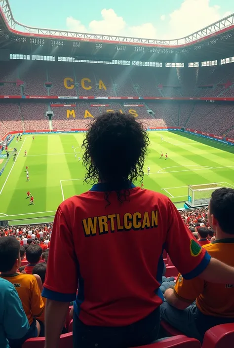 Michael Jackson wearing a Chilean shirt watching a soccer game from the stands in a stadium
