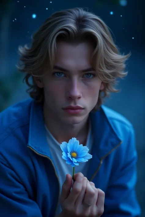 Beautiful guy, looking forward, wearing a blue jacket, he has wavy, long and dark blonde hair and blue eyes, there is the night sky behind him, he is holding a blue flower in his hand, his face expression and factions are soft (photo realism)