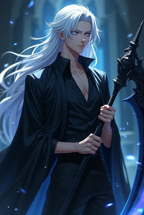 A tall handsome anime boy with white hair,his pupils are white,and he was holding a blackish blue schyte with both hands



His eyebrows was sparkled