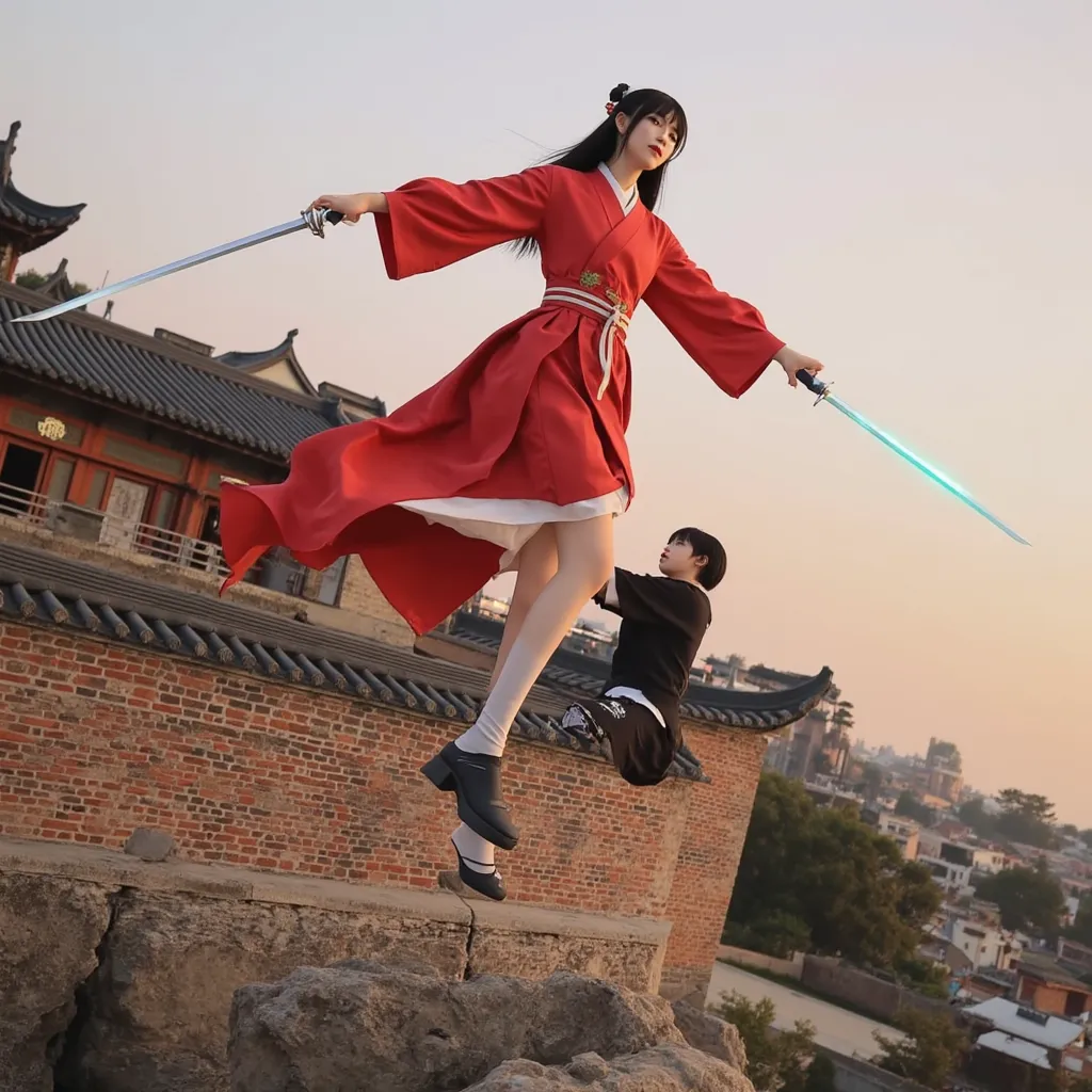 a tall and slender female swordsman dressed in vibrant red robes, standing taller than the city wall itself, engages in battle w...