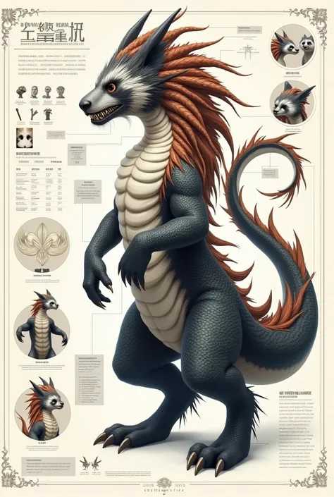 Ultimate evolution hybrid animal, in infographic data, unusual of dragon hunting panda , beautiful panda long fur creature, intricate proprtional fusion body parts