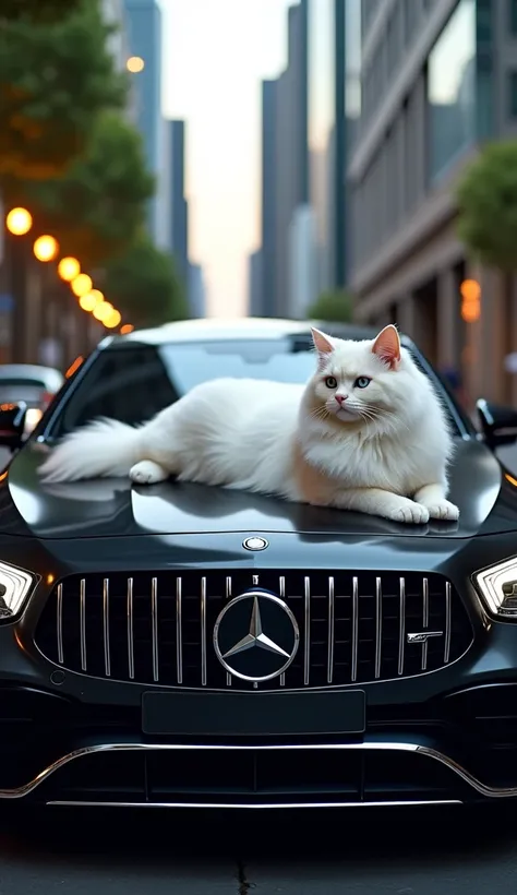 "Create a high-quality, photorealistic image featuring an elegant Persian cat with silky, pristine white fur lounging gracefully on the hood of a sleek, black Mercedes-Benz parked in a modern, upscale urban setting. The cat’s piercing blue eyes glisten und...