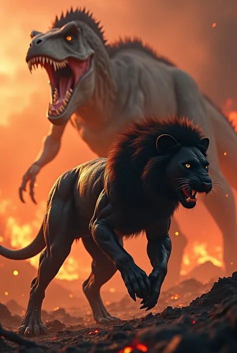 Lion and black panther DNA mix and create human body muscular and move to kill dinosaur in this aais fulli red fire
