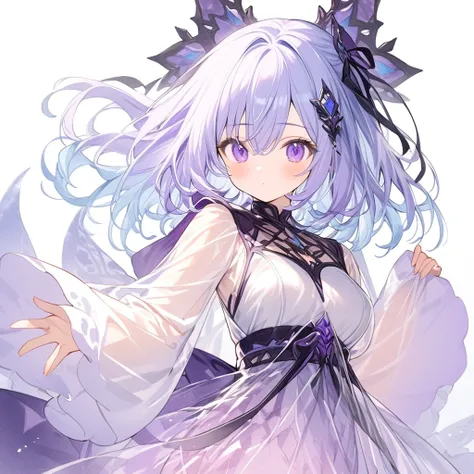 Transparent watercolor、 1 girl、Light blue hair (( medium hair with high background、Purple gradient hair、 bangs between my eyes )) 、  stylishly designed clothes 、Drop hair ornament、 transparent dress that accentuates deep chest 、Oversized Sleeves 、The sleev...