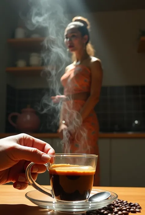 One hand holds a clear glass coffee cup, with coffee beans and a spoon scattered on the floor. The steam rising from the hot coffee artistically transforms into the vaporous shape of a woman dressed in traditional Thai clothing who appears to be dancing. B...