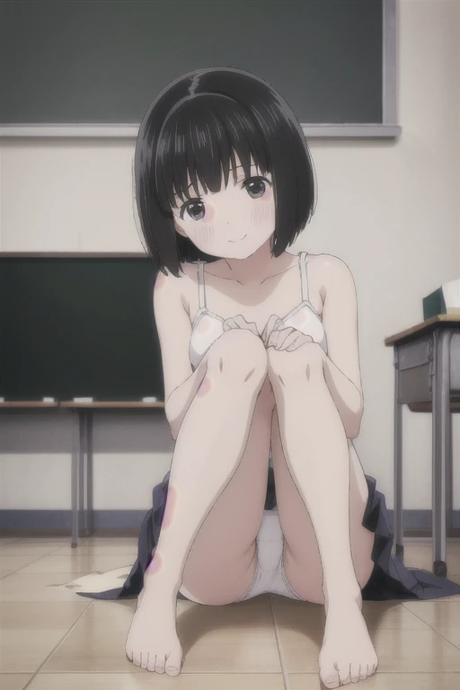 Alone,  1 girl,  Viewers, 2D, Anime, Anime coloring,  black hair、 short bob,whole body,Small breasts、 (classroom:1.3), Kogma,  cute white bra with hands on blackboard、Cute white panties、blush,smile、((( sits on the floor、 M-shaped leg opening)))