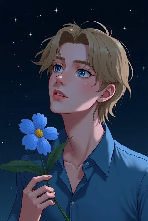 Beautiful guy, looking forward, wearing a blue shirt, he has wavy, long and dark blonde hair and blue eyes, there is the night sky behind him, he is holding a blue flower in his hand, his face expression and factions are soft (photo realism)