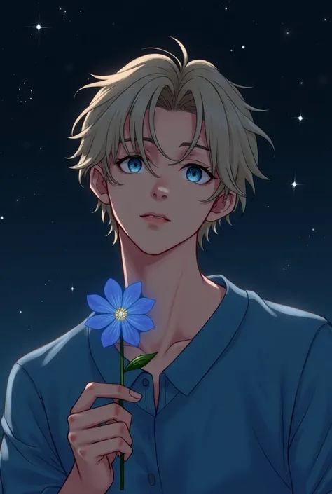 Beautiful guy, looking forward, wearing a blue shirt, he has wavy, long and dark blonde hair and blue eyes, there is the night sky behind him, he is holding a blue flower in his hand, his face expression and factions are soft (photo realism)