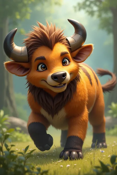 Give me a hybrid between a hyena and a very cute buffalo