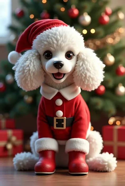 White poodle dog dressed as Santa Claus sitting near a Christmas tree 