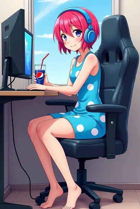 Draw Ghibli-style a 17-year-old girl with short hair and bright dark pink hairstyle wearing a short, sleeveless sky blue dress decorated with large white dots and who is barefoot sitting in a gamer chair at a desk with a computer wearing bright blue headph...