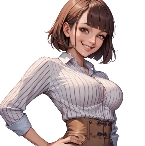 1girl, ((medium breasts)), brown hair, short hair, blunt bangs, (((brown high waist pants, striped dress shirt))), (((detailed face))), ((brown eyes, big smile)), ((grabbing hips)), (((white background)))