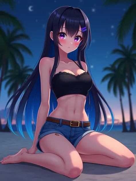 high quality anime girl (18y girl) purple eyes (very long hair straight hair lace braid hair two tone gradient hair (black hair to blue hair gradient) hair clip) medium bust fullbody view (((seductive look))) (denim short shorts) brown belt grin (black blu...