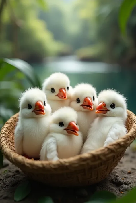 A close up of 4 cute little white toucans inside a hat. He is very small, e fofo. The background is blurred with a forest and a pond behind it.