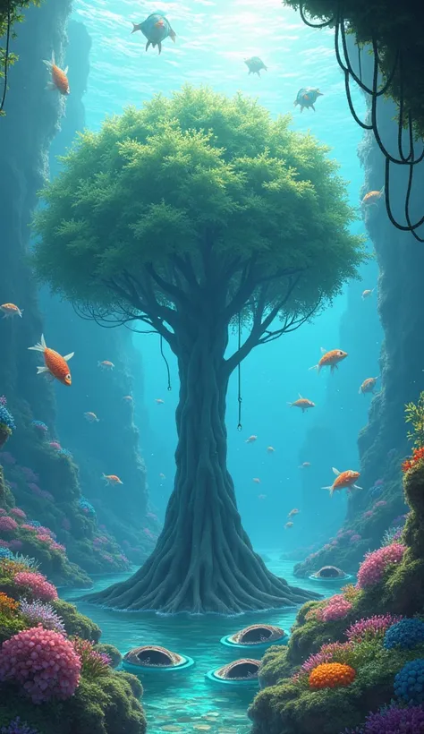 City at the bottom of the sea,  tree with leaves of water droplets all transparent in the middle of a water garden, fishes flying in the sky , algae and flowers , portals with entrances to another world inside oysters , many bubbles, Anime-style scenery