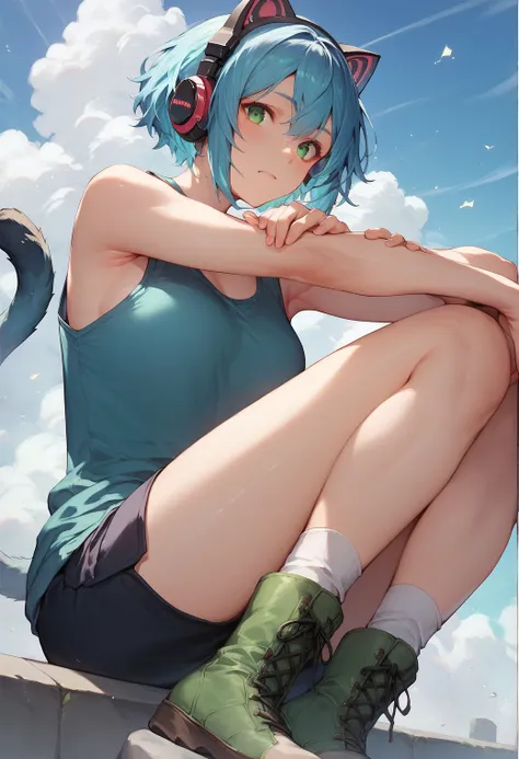  blue haired girl　 cat ear headphones 　 big boobs sky blue tank top sweater　 bright green miniskirt 　Green Eyes　White socks 　 boots　