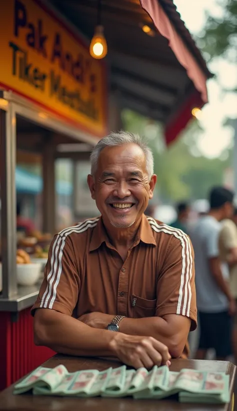 a middle-aged man, wearing a brown shirt with white stripes, is sitting laughing with joy with his hand holding a lot of money rupiah indonesia, the background is Pak Andis meatball stall and there is a sign saying "Bakso Pak Andi", this man is sitting in ...