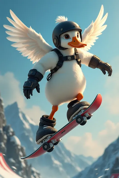 A white duck, with quad , knee pads and black helmet , female ,  with its wings open , doing tricks on a ramp showing determination and courage 