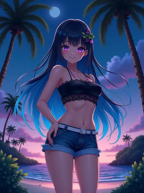 high quality anime girl (18y girl) purple eyes (very long hair straight hair lace braid hair two tone gradient hair (black hair to blue hair gradient) hair clip) large bust fullbody view (((seductive look))) (denim short shorts) white belt (black blue tube...