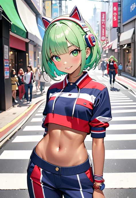 (Masterpiece, BestQuality:1.2),A girl is standing on the street. and model pose for the camera,smile, (wearing a cropped outfit,Designed by Tommy Hilfiger:1.5),november fashion, beautiful navel.whole-body. street of shibuya. BREAK (tween,cute,white frog-sh...