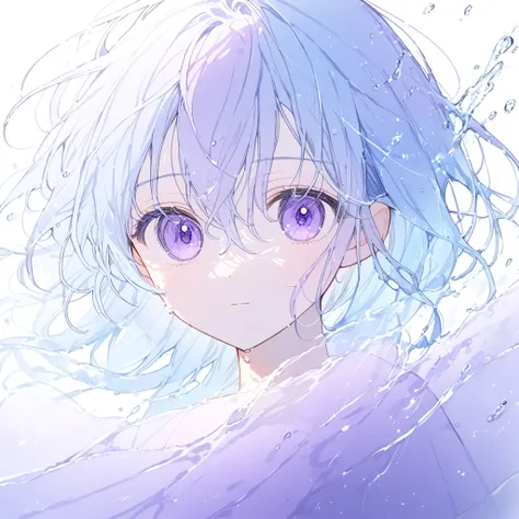 Transparent watercolor、 Long Light Blue Hair((There is a purple gradation、Hair between the eyes))、 splash