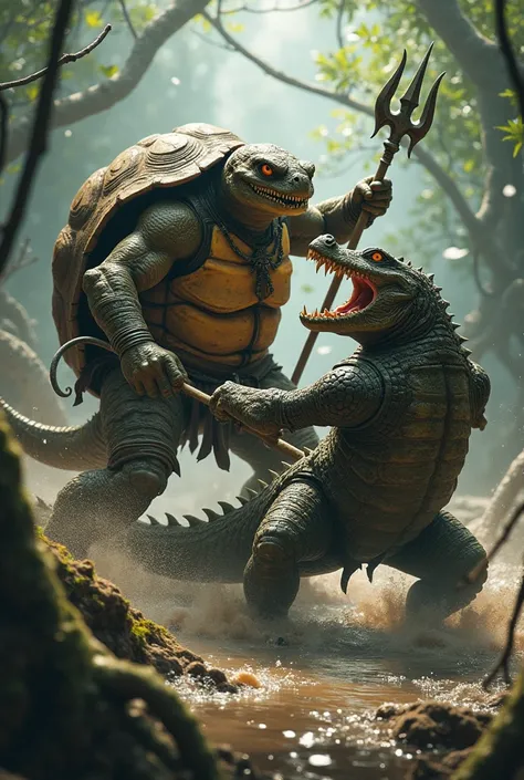 A trishule warrior Turtle and crocodile fight scene 