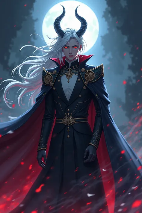 A anime boy demon king with long white hair