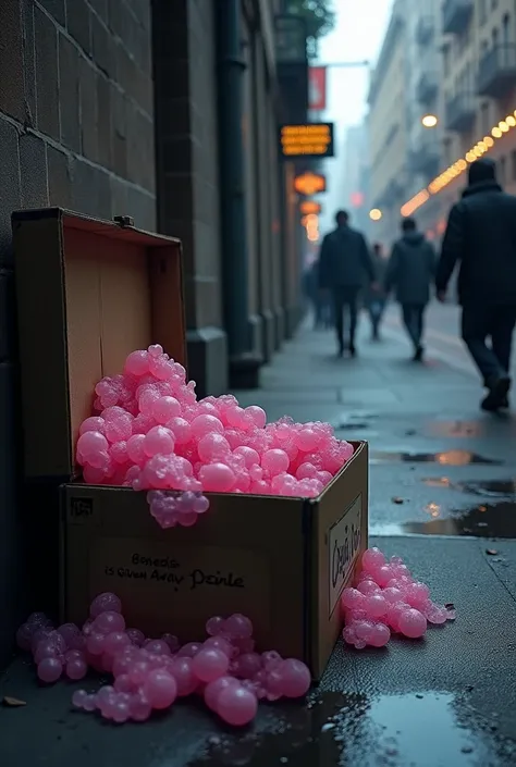 Make an abandoned box in an alley with a sign that says “genesis is given away” and that inside contains pink things such as makeup, clothes and books, add the sign that indicates that genesis is being given , 
 It shows how the days go by and people on th...