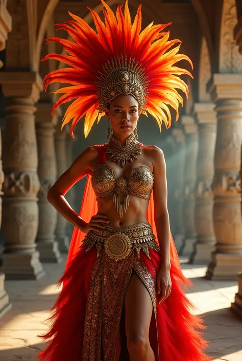 Design an artistic representation of a queen with fair and beautiful,with sexy body ,inspired by the vibrant culture and natural beauty of Honduras. The queen is depicted as a regal figure with a striking parrot-like headdress, featuring vivid red and oran...